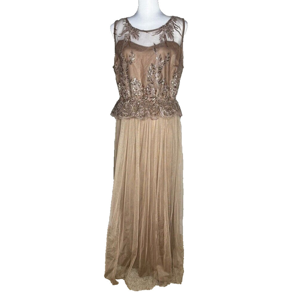 Candalite Sequin Floral Champagne Rose Gown Sleeveless Large Sheer Sweetheart